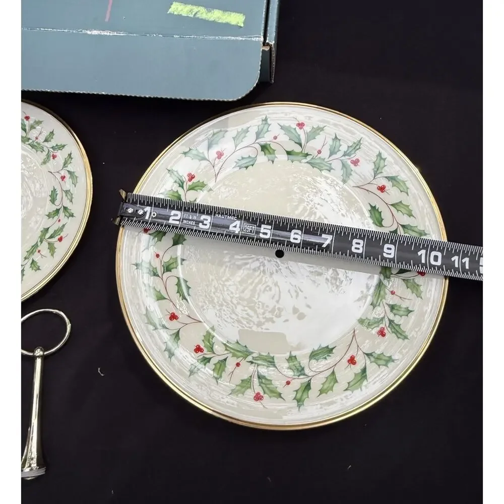 Lenox Holiday Two Tier Tidbit Dessert Stand Holly Pattern Complete Set In Box